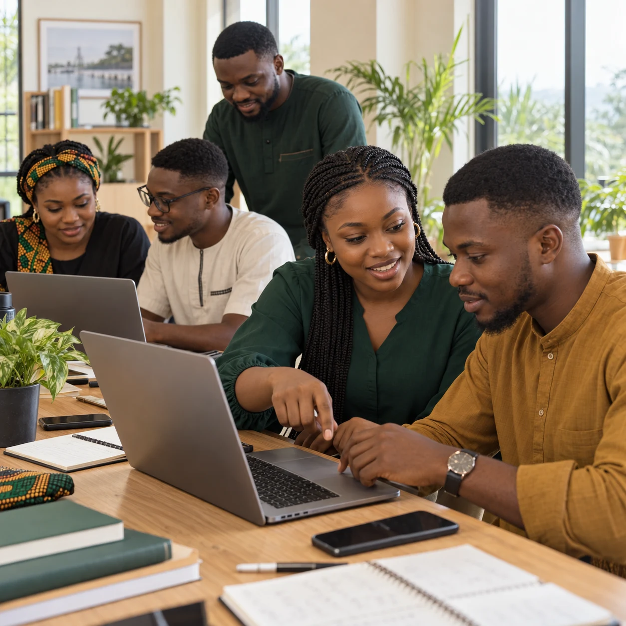 Illustration of young Nigerian adults collaborating on laptops in a bright training hub